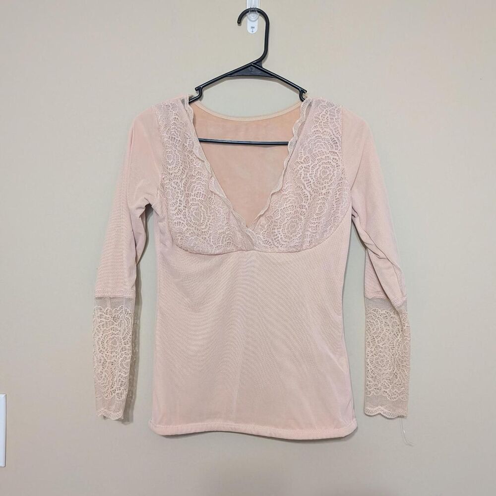 Coquette Fairycore Pink Lace Long Sleeve Top Ribbed V-Neck Camisole Style